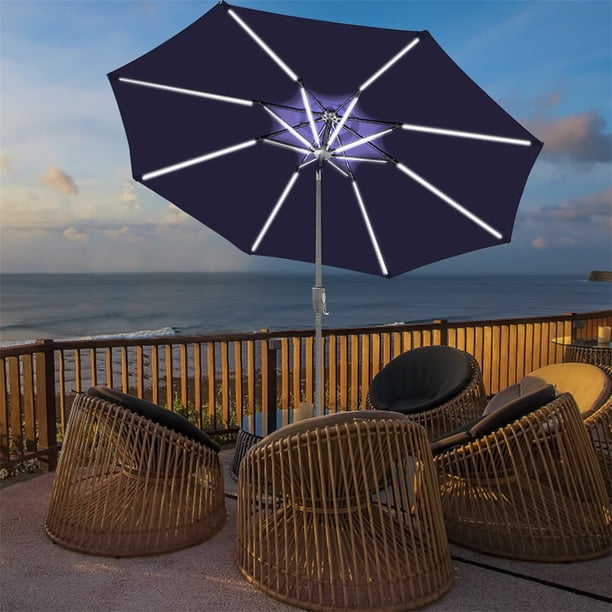 9 Ft Led Light Bars Patio Outdoor Umbrella Solar Power Market Table Fade Resistant Umbrella With Push Button Tilt Crank And 8 Sturdy Ribs Solar Led Navy Blue Walmart Com Walmart Com