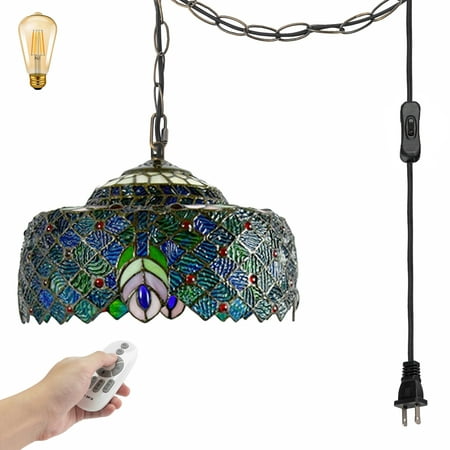 

FSLiving Swag Lamp Tiffany Style Peacock Shape Pendant Light Stained Glass Baroque Style Colorful Remote Control Chandelier with 15ft Plug-in Cord Dimmable for Kitchen Island Background - 1 Pack