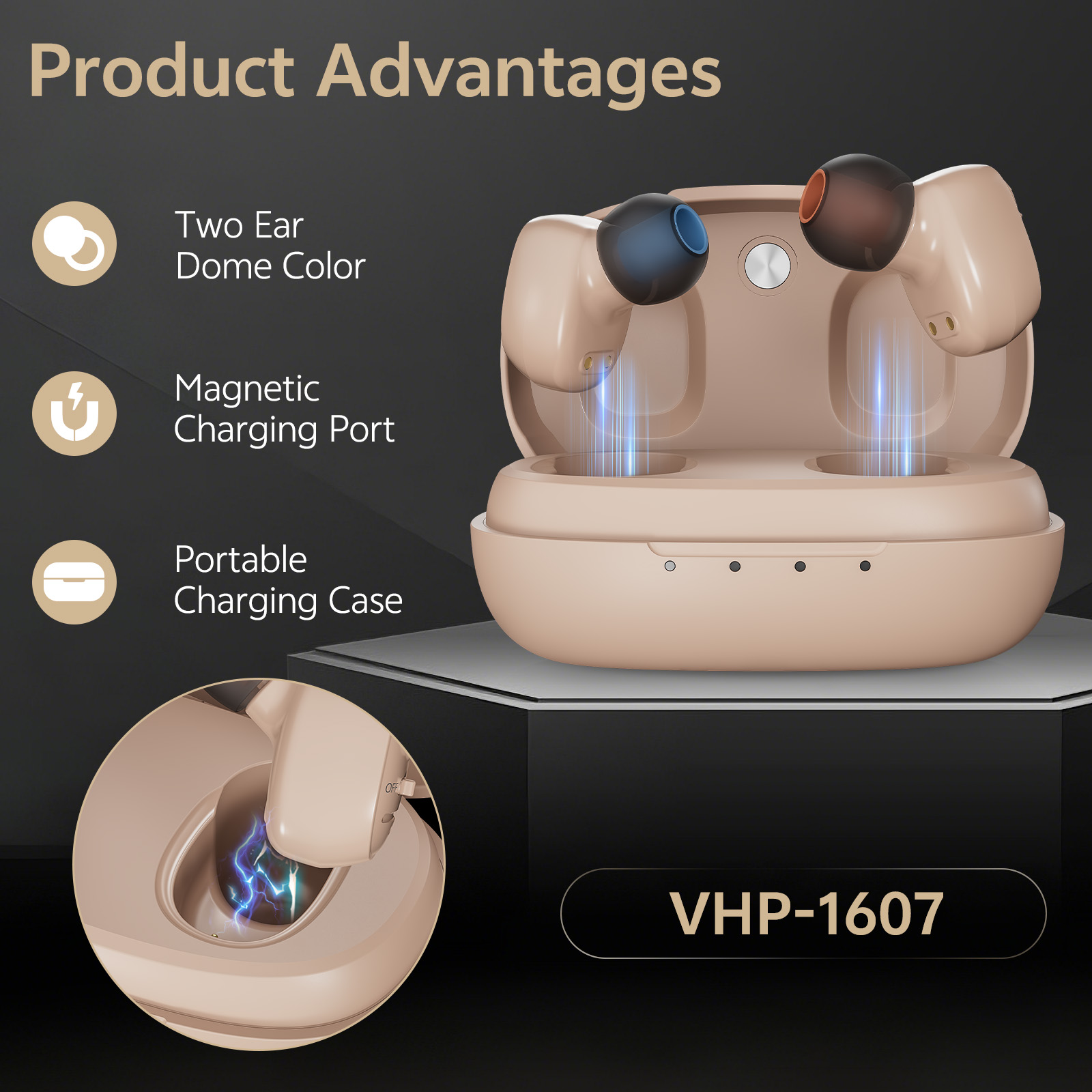 Delmicure Hearing Aids for Seniors Rechargeable with Noise Cancelling, Invisible, VHP-1607, Pair, Beige