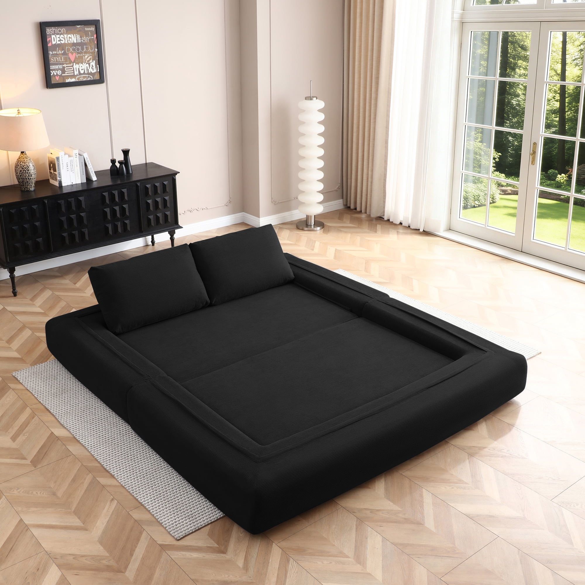 81-Inch Convertible Sofa Bed with Pillows, 3-in-1 Folding Floor Couch and Corduroy Futon Sleeper Mattress for Living Room and Bedroom, Black