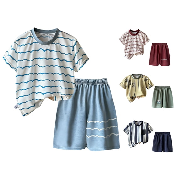 WAVSUF Boys Outfits 2 Piece Strip Short Sleeve Tee and Baggy Shorts Elastic Waist Kids Trendy Casual Summer Clothes Sky Blue Size 5T