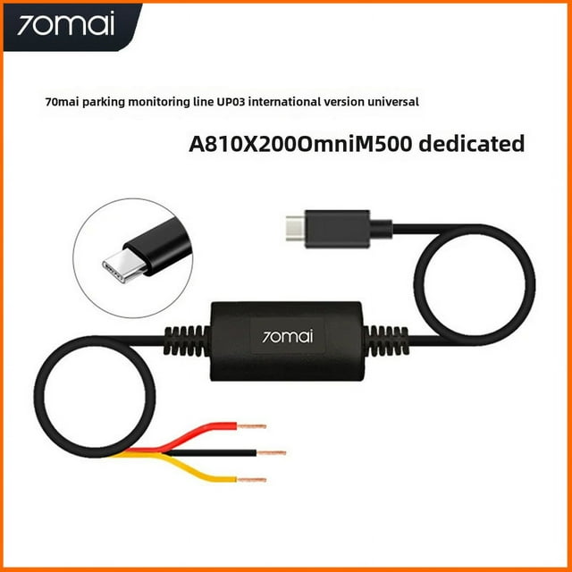 Cable de monitoreo de estacionamiento 70mai con conector Type-C, compatible con modelos M500, X200, A810, A510 y UP03, ideal para seguridad vehicular y vigilancia continua.