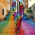 thumbnail image 2 of Men's Rainbow Long Sleeve Two Piece Suit with Jacket Trousers Tie Printed Button Pockets for Holiday Party Events, 2 of 6