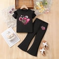 thumbnail image 2 of Wxirdiow Summer Clothes Kid Girls 2PCS Outfit Set Short Sleeve Tops & Flare Pants with Heart Print Casual Girl Clothes Black Size,4-5 Years, 2 of 7