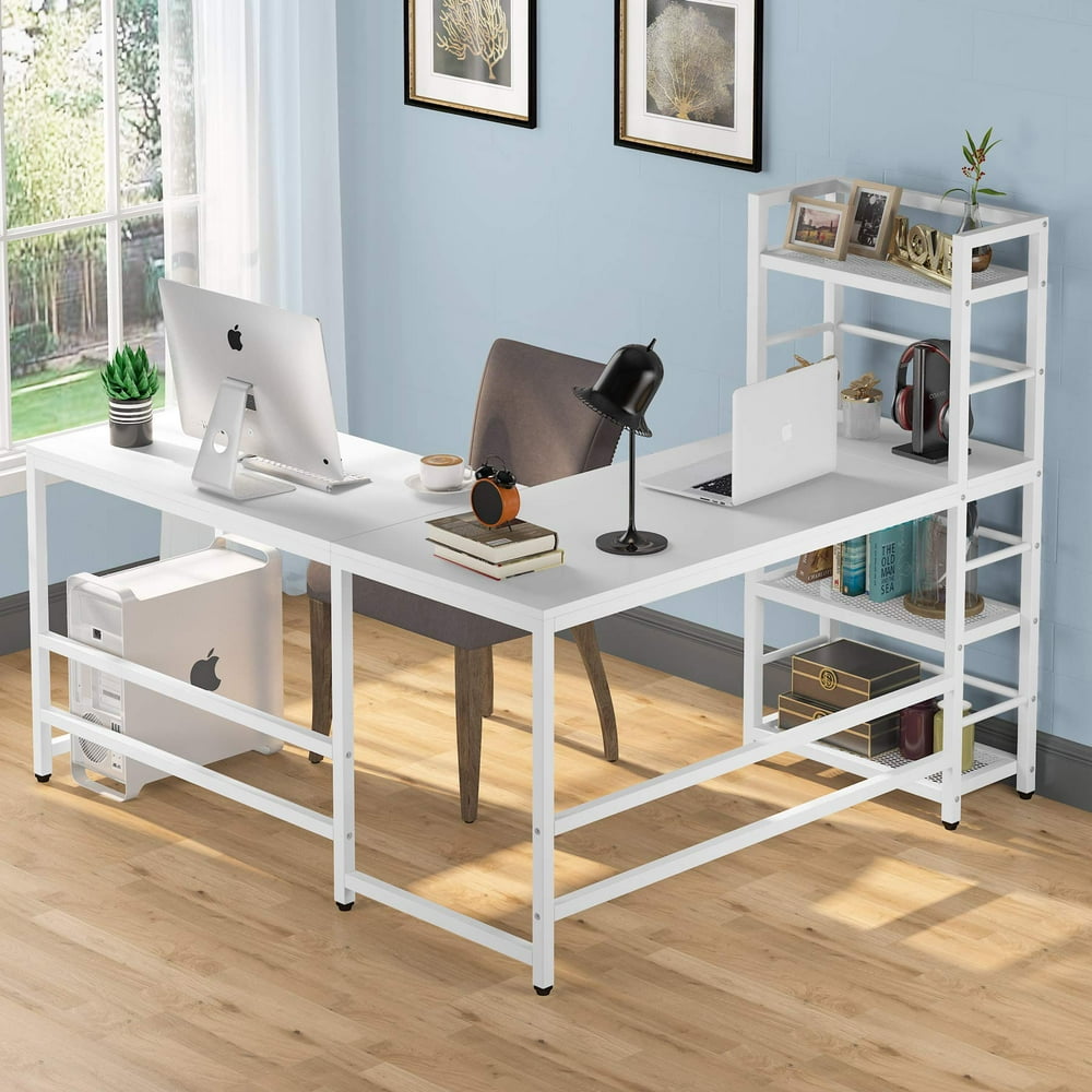 Tribesigns 59 Inch L Shaped Desk with Reversible Storage Bookshelf for Home Office