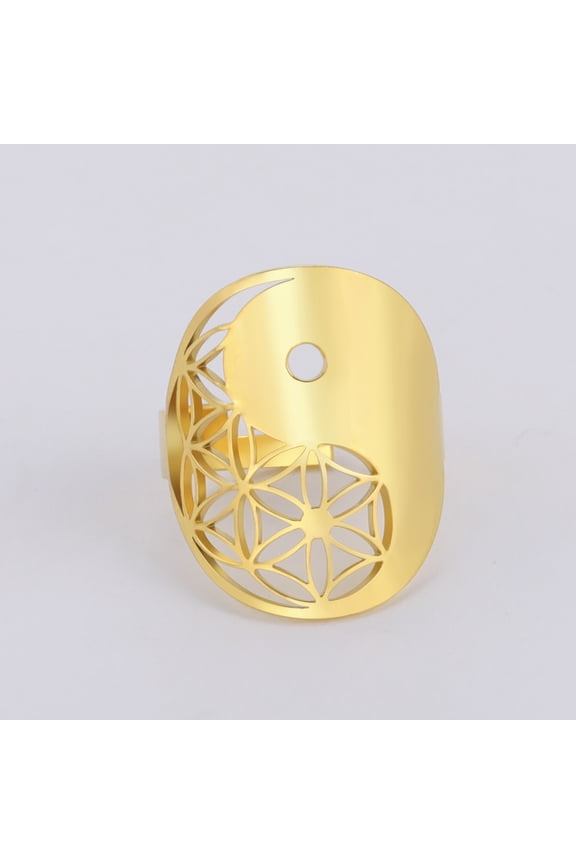 Yin Yang Symbol Flower of Life Stainless Steel Ring Adjustable Finger Gold Rings Spiritual Energy Amulet Religious Gift