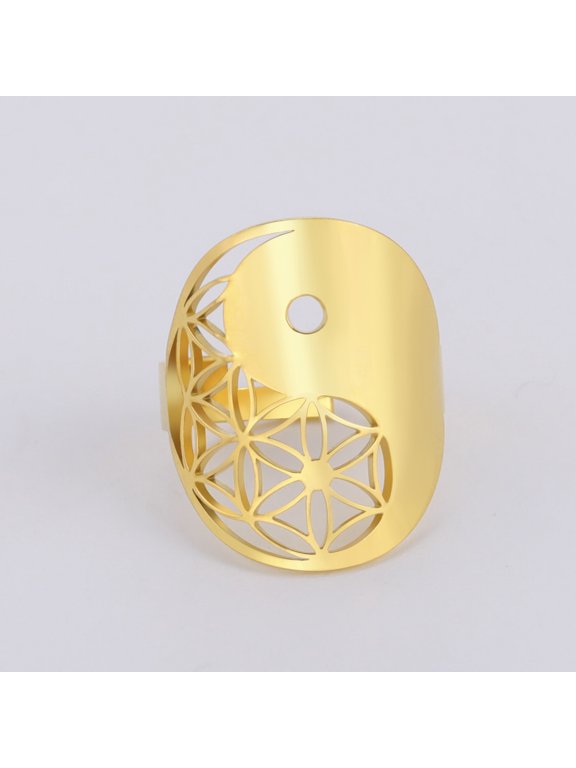 Yin Yang Symbol Flower of Life Stainless Steel Ring Adjustable Finger Gold Rings Spiritual Energy Amulet Religious Gift