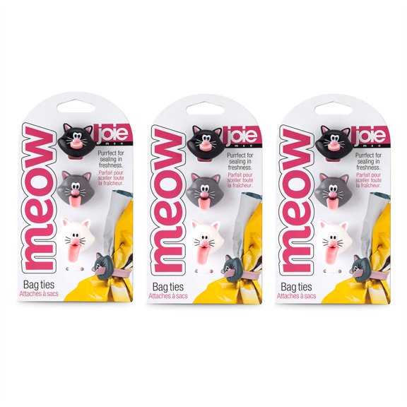 Joie Meow Cat Reusable Bag Ties, Silicone, BPA Free, 3 Sets of 3