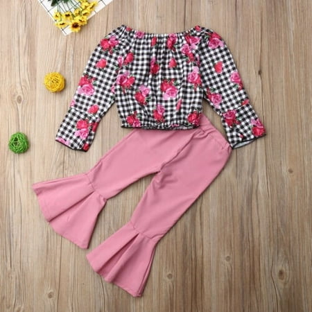 

Autumn Newborn Kids Baby Girls Floral Tops Solid Pants Bell-bottoms Outfits Set Clothes