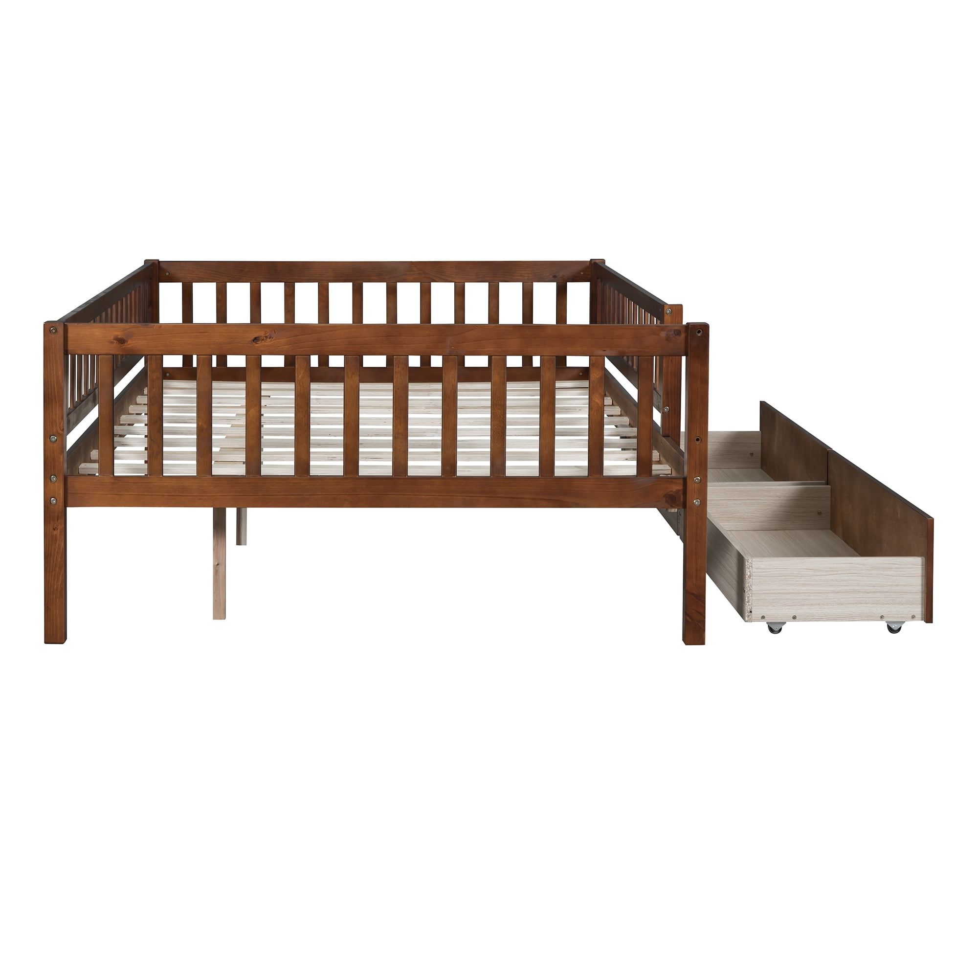 Bellemave Full Daybed with Storage and Fence, Wooden Full Size Platform Bed with Rails and 2 Drawers, Low Loft Bed Frame for Teens (Natural)