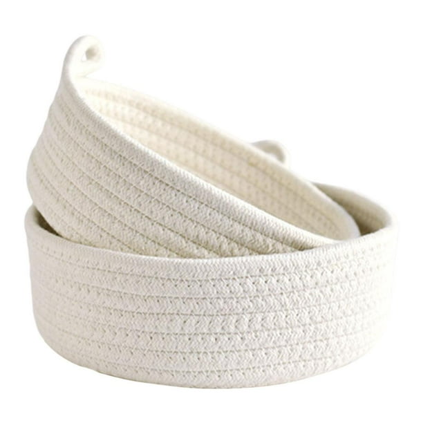 Juego de 2 cestas redondas pequeñas tejidas, accesorios de decoración, cesta de cuerda para refrigerio de guardería blanco