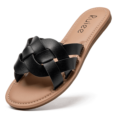 

Women s Flat Slides Sandals Round Open Toe Slip On Strapy Flip Flop Thong Summer Beach Shoes for Women 22007 Black size6