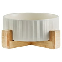 Ceramic Dog Cat Bowl with Wood Stand,Cat Food & Water Bowls Elevated Non-Spill Modern Cute Cat Dish Heavy Weighted Round Pet Dishes Set for Kitten Small Cat - yellow