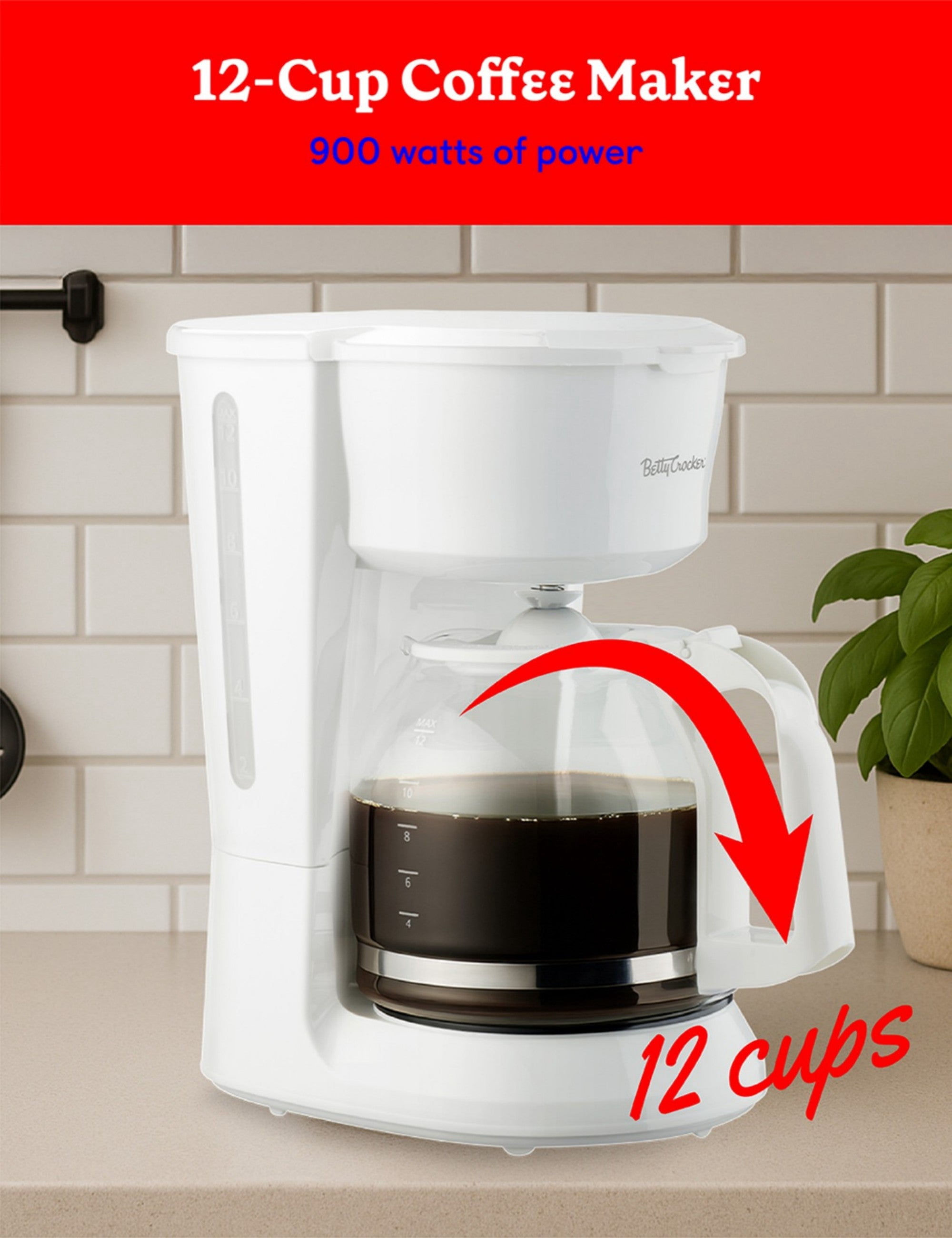 Betty Crocker 12-Cup Drip Coffee Maker with Heat Resistant Glass Carafe, Removable Filter Holder for No. 4 Cone Filters, Pause & Pour, Water Level Gauge, Non-Stick Warming Plate, BC-5729W, White