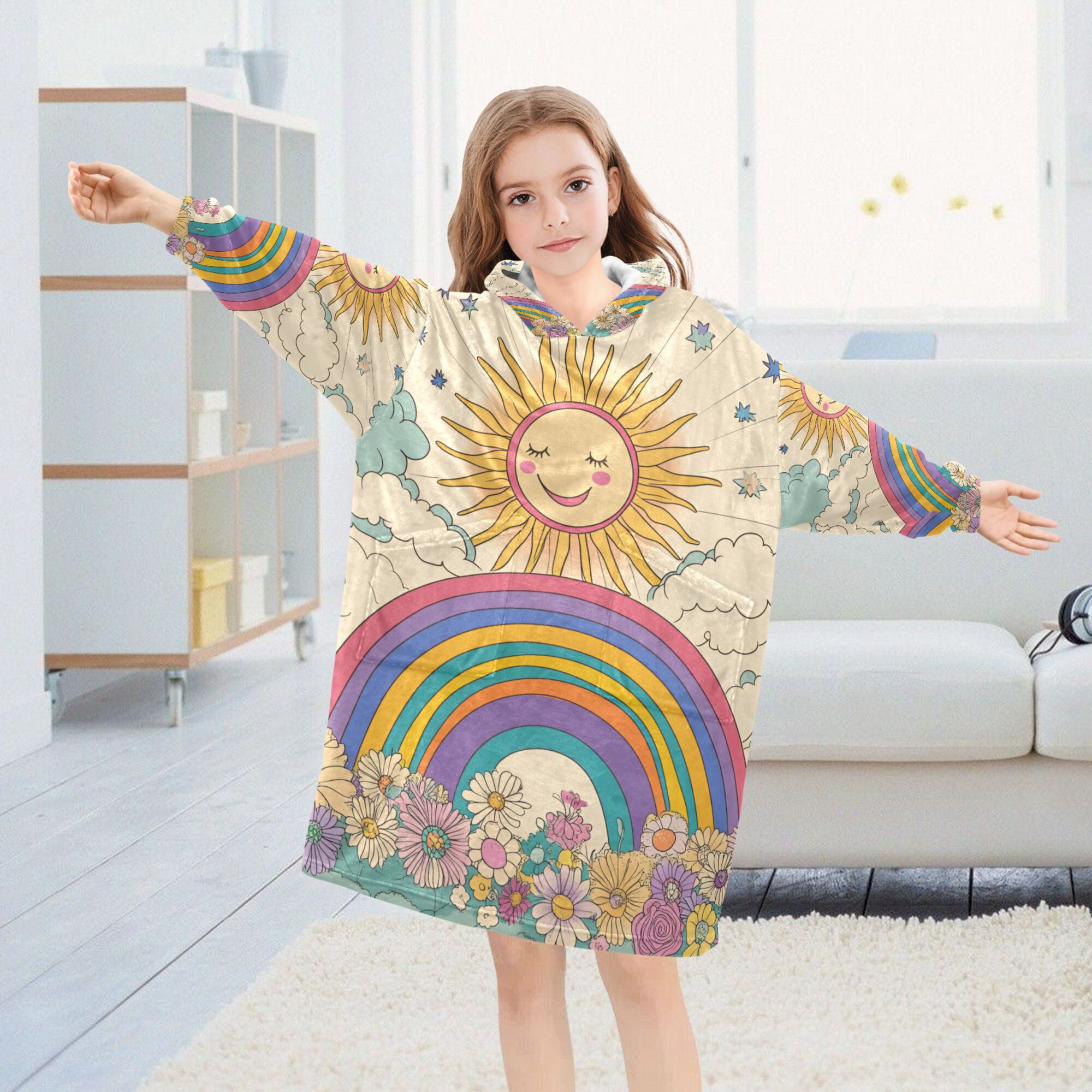 FORMRS Wearable Blanket Hoodie with Sleeves for Kids Cozy Flannel Sweatshirt, Beige Rainbow