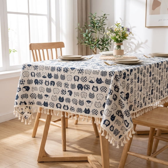 Miwamany Cotton Linen Tablecloth, 39x59 inch Printed Tassel Table Cover, Washable Decorative Rectangular Cloth for Dining Coffee Table Kitchen, Vintage Home Decor