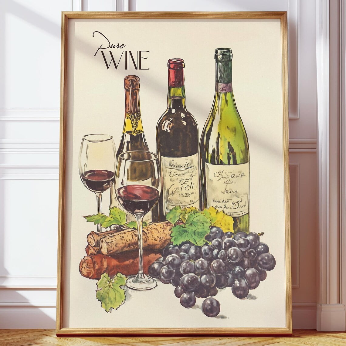 Vintage Wine Bottle Art Poster With Red Wine Glass Rustic Grape Artwork Retro Organic Wine Poster For Kitchen & Bar Wall Art Modern Wall Decor 24x36 UNFRAMED