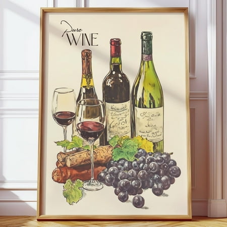 Vintage Wine Bottle Art Poster With Red Wine Glass Rustic Grape Artwork Retro Organic Wine Poster For Kitchen & Bar Wall Art Modern Wall Decor 16x24 UNFRAMED
