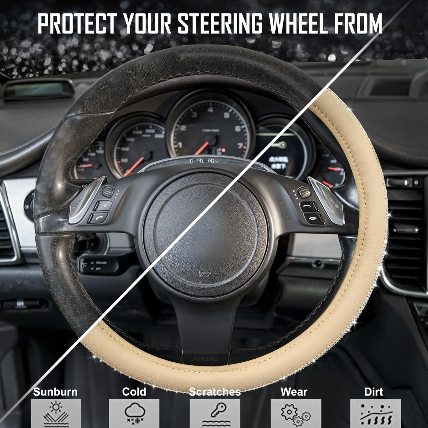 Bling Diamond Leather Steering Wheel Cover, with Sparkly Crystal Glitter Rhinestones Universal Fit 14"1/2-15" Car Wheel Protector for Women Fit Suvs, Vans, Sedans, Car, Trucks