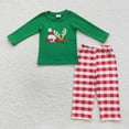 thumbnail image 2 of Conjunto de ropa de dormir con bordado navideño de Papá Noel para niños, Tops verdes de algodón, pantalones a cuadros de reno, pijamas para niños pequeños, 2 of 2