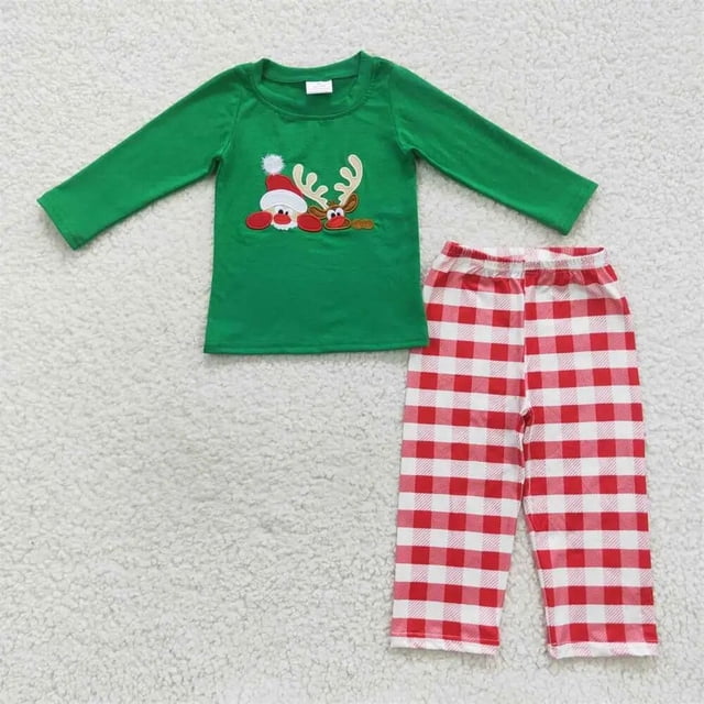Conjunto de ropa de dormir con bordado de Papá Noel para niños, conjunto de manga larga, pantalones a rayas, pijamas para niños pequeños, venta al por mayor