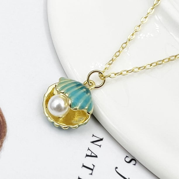 BNQL Seashell Pendant Necklace – Beach Lover Gift, Enamel Blue Shell With Pearl, Stainless Steel Chain For Women & Girls