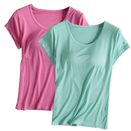 Wioihee Built-in Bra T-Shirt for Womens Padded Active Tops Short Sleeves Blouses Soft Pajama Casual Shirts for Workout Yoga Gym on Clearance Hot Pink6 10(XL)