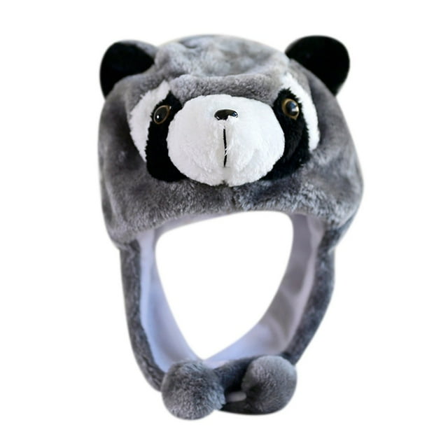 Ear Protection Cartoon Plush Moving Hat Animal Neck Warmer Movable Ears Airbag Cap Animal Earflap Hat Cosplay Party Grey Raccoon