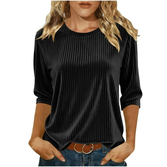 VEKDONE 3/4 Length Sleeve Crewneck Tops for Women Velvet Loose Fit Tunic Tops Solid Color Soft Comfy Pullover Top Plus Size Knitwear Blouses