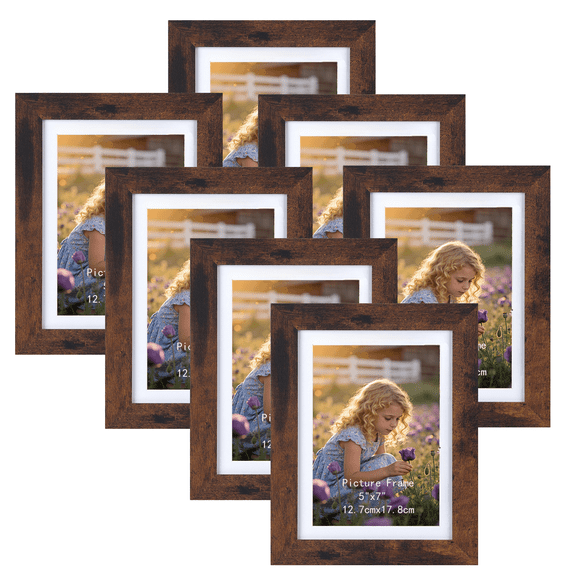 7 Pack 5x7 Picture Frame, 6x8 Matted to 5x7 Tabletop Picture, Gallery Wall Picture Frame, Brown