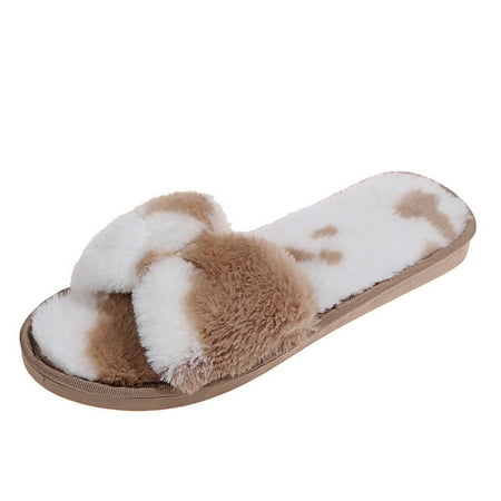 

Dainzusyful Slippers Accessories Women s Fashion Cow Pattern Plush Shoes Casual Bowknot Plush Slippers Slippers For Women Khaki