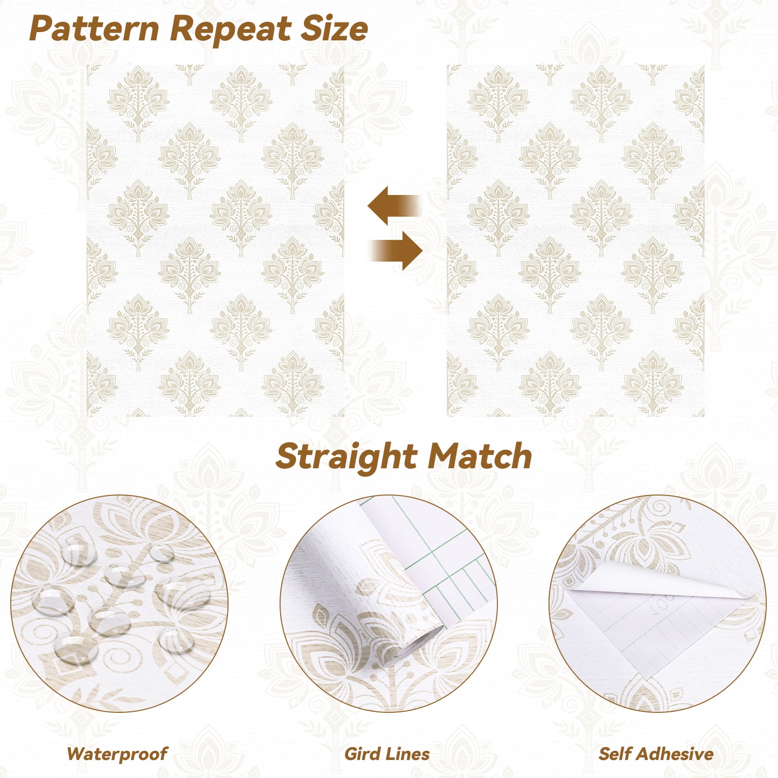 DAZLUTE Peel and Stick Removable Wallpaper Golden Floral Contact Self Adhesive Paper Wallpaper 17.72" x 394"