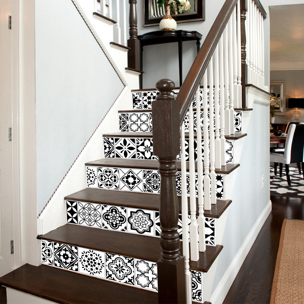3D Stair Stickers - Removable Tile Decals for Stair Risers, Peel and Stick, 39.3Inch x 7.08Inch,Black and white mosaic pattern wall sticker