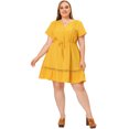 thumbnail image 3 of Women's Plus Size Dress V Neck Lace Insert Half Placket Short Sleeve Tie Waist Ruffle Hem Mini Dress Yellow 3X, 3 of 5