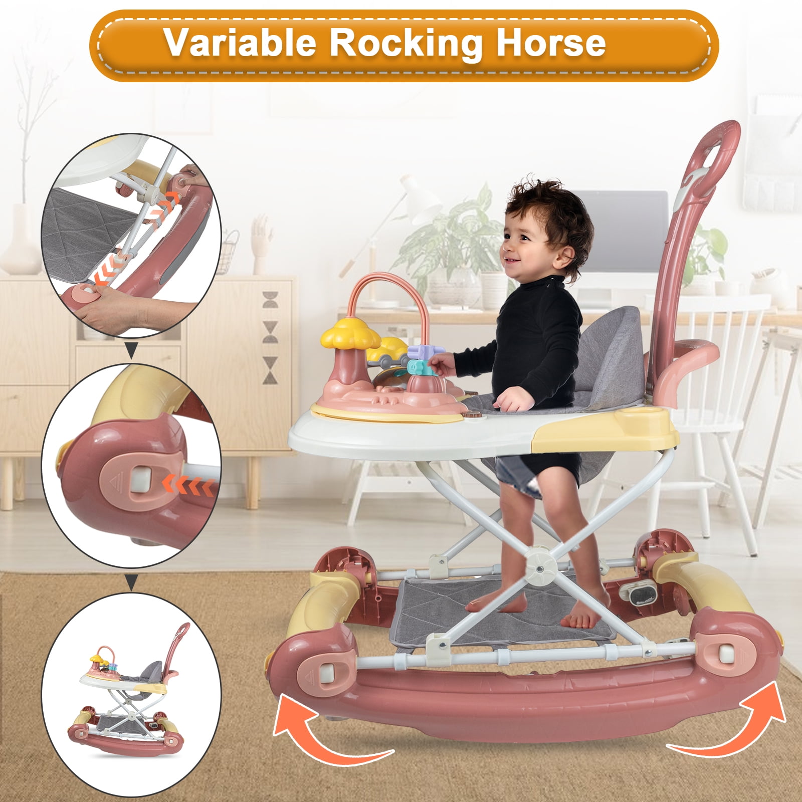 EONROACOO 5-in-1 Baby Walker for Boys Girls, Adjustable Infant Walkers with Wheels(Pink)
