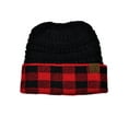 thumbnail image 3 of C.C BeanieTail Cable Knit Messy High Bun Ponytail Cuff Beanie Hat, Buffalo Checkered Red/Black, 3 of 4