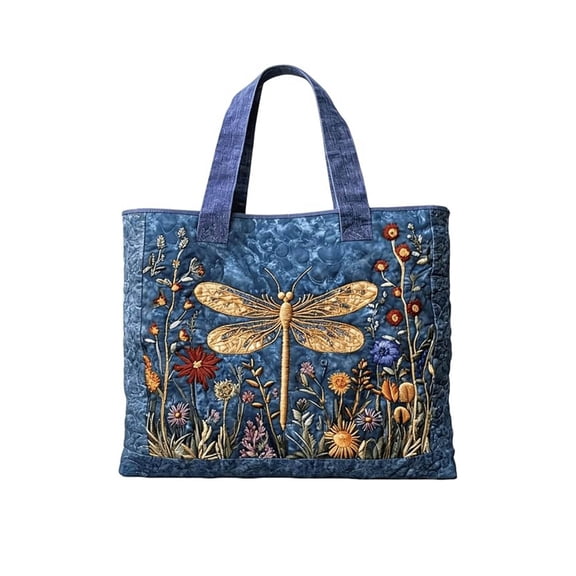 Bomd Quilted Tote Bag For Women, Vintage Boho Shoulder Purse Featuring Exquisite Dragonfly And Floral Embroidery, Denim Fabric Makes It Daily Handbag For Shopping And Casual Outdoor Use