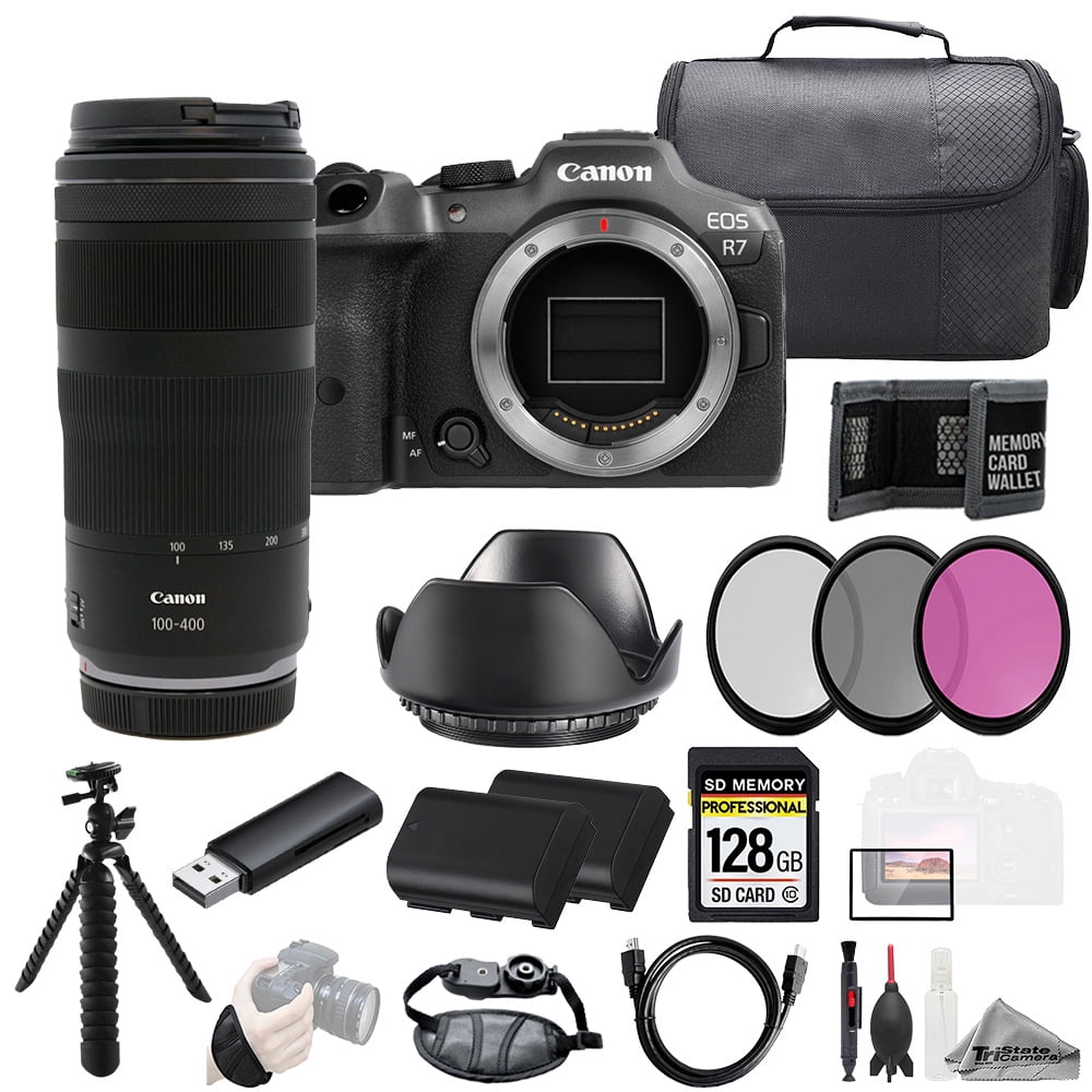 Canon EOS R7 Camera + RF 100-400mm f/5.6-8 IS USM Lens 128GB + Ext Bat+ 3 PC Filter- Kit (International Version)
