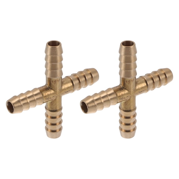 Brass Hose Barb Fitting 1/4" Cross 4 Way Pipe Connector for Air Water Oil Gas Fuel 2Pcs Gold Tone
