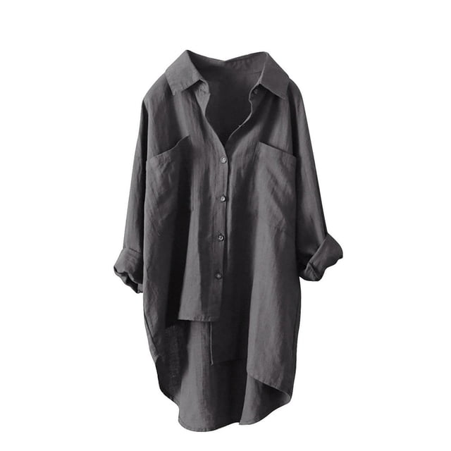 Chemises à Boutons pour Femmes Manches Longues Retroussables Ourlet Haut-Bas Blouse Décontractée