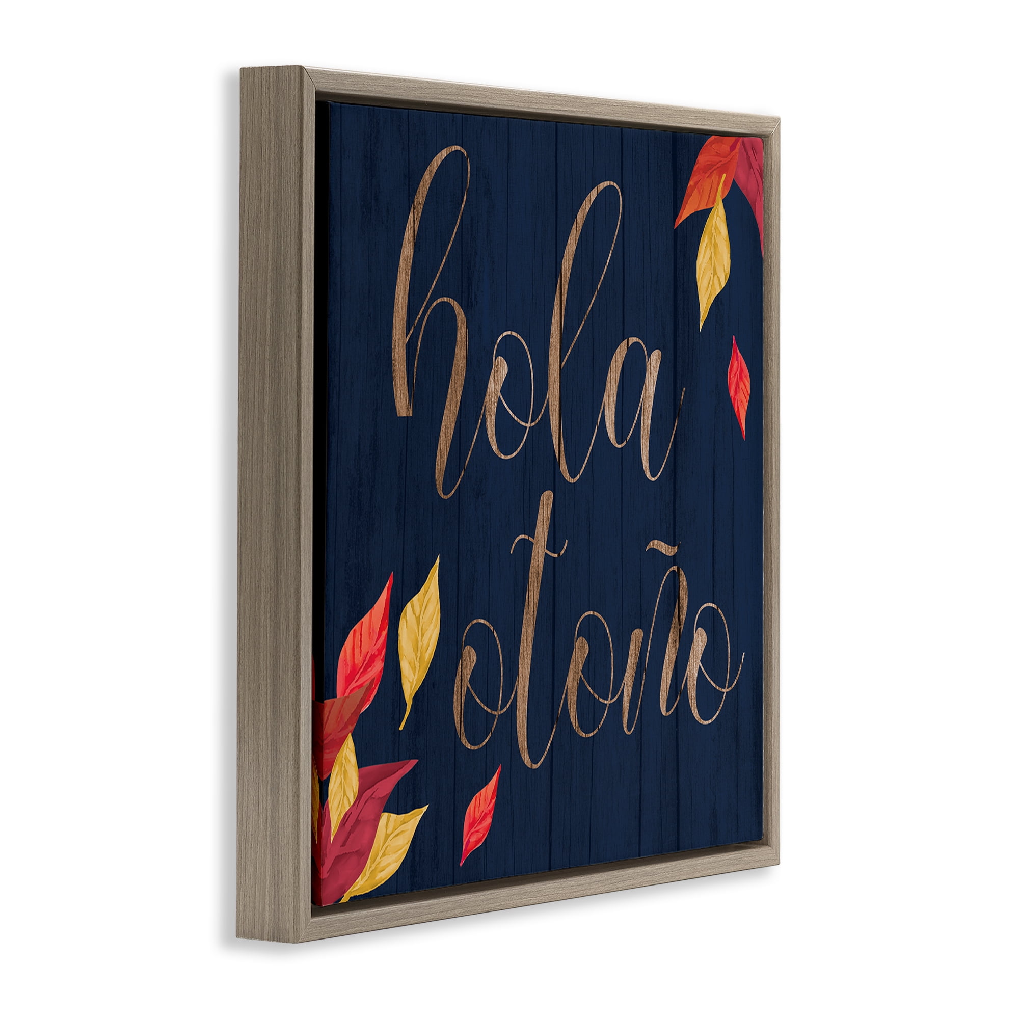 Stupell Industries Hola Otoño con Hojas Holiday Painting Brown Floater Framed Art Print Wall Art, 18 x 18