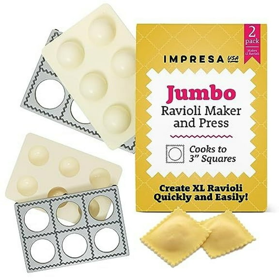 IMPRESA Jumbo Ravioli Maker & Press - Pack of 2, White 2.5-Inch - 12 XL Pasta Squares & Pasta Making Kit - Dishwasher-Safe Plastic & Manual Dough Maker