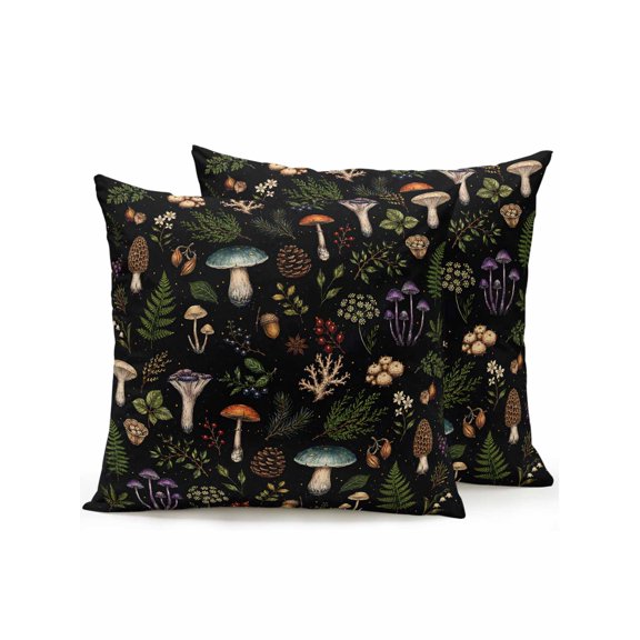 Outdoor Pillows Waterproof, Mushroom Leaves Bedding Throw Pillows with Insert for Couch Sofa Bed, Black Country Botanical Berry Flowers 18x18 Inch Pillowcases Decorative Camping Patio Pillow Set of 2