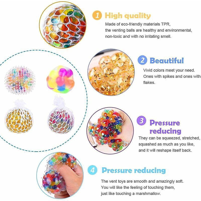 Lot De 6 Balles Anti-stress Mesh - Avec Billes à L'intérieur, Sensorielle, Pour Adulte Et Enfant - 12