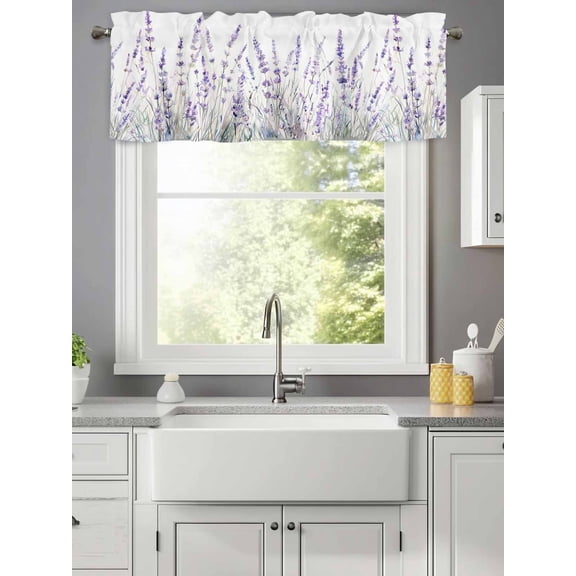 Spring Watercolor Lavender Flower Valances for Windows,Rod Pocket Valance for Kitchen Bedroom Bathroom Living Room, Wild Purple Floral Plant Window Valance Curtain Short Curtains 42x12in
