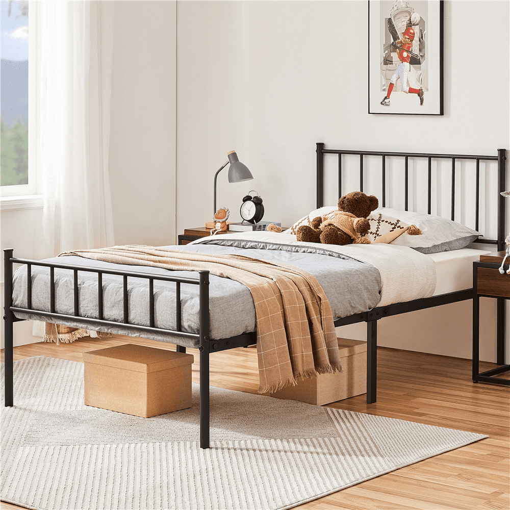 Renwick Metal Platform Bed with Spindle Headboard and Footboard, Adult, Twin Size, Black
