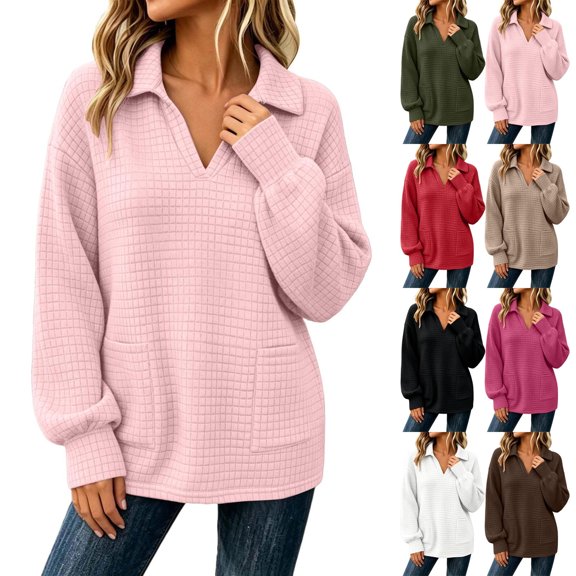 Women's Waffle Knit Polo Sweatshirt Collared V Neck Long Sleeve Loose Pullover Tops with Pockets Fall Versatile Casual Sweat Tops White