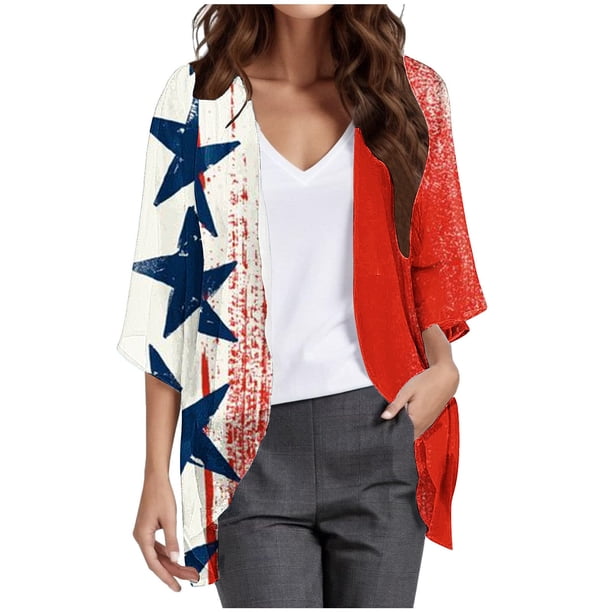 Cover-Ups para Mujeres Moda Casual Cardigan Día de la Independencia Impreso Cover-Up Ligero para el Hogar