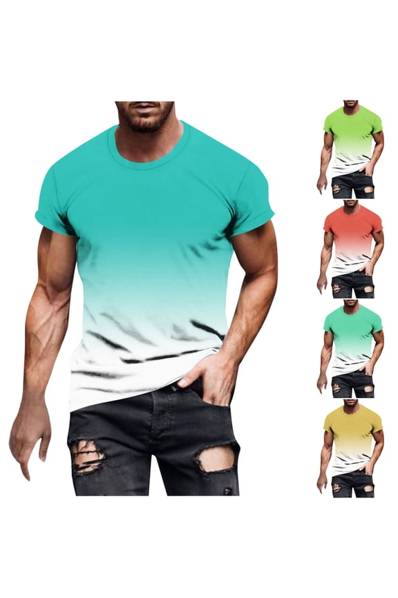 Mens T-shirts, Big and Tall Shirts for Men, Summer Shirts Plus Size Fashion Gradient Color Round Neck Fitness Sports T-Shirt Casual Tops