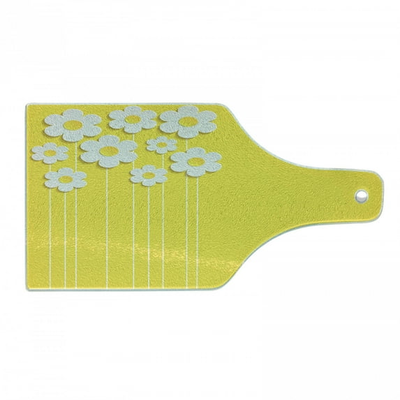 Yellow Cutting Board, Spring Flowers Daisy Pattern on Clean Background Blossom Meadow Scenic Art Print, Tempered Glass Cutting and Serving Board, Wine Bottle Shape, Yellow White, by Ambesonne